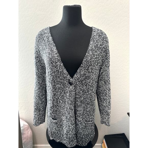 J. JILL | Black White Marled Knit One Button Cardigan Sweater | Size Large - Picture 2 of 8